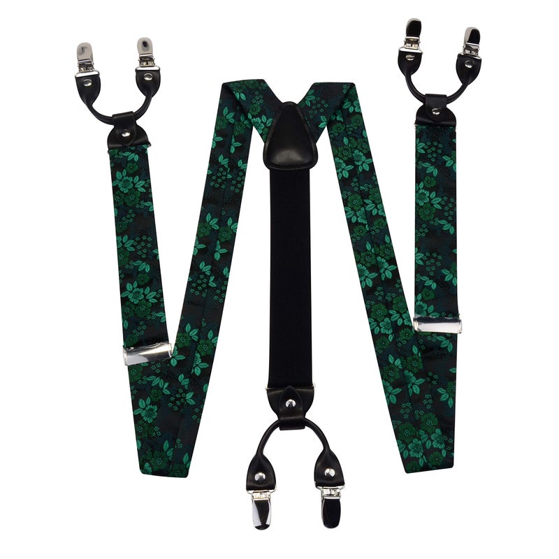 GUSLESON Mens Suspenders with Clips Green Flora Pre-Tied Adjustable Bow tie Pocket Square Set(0102-10) - Image 2